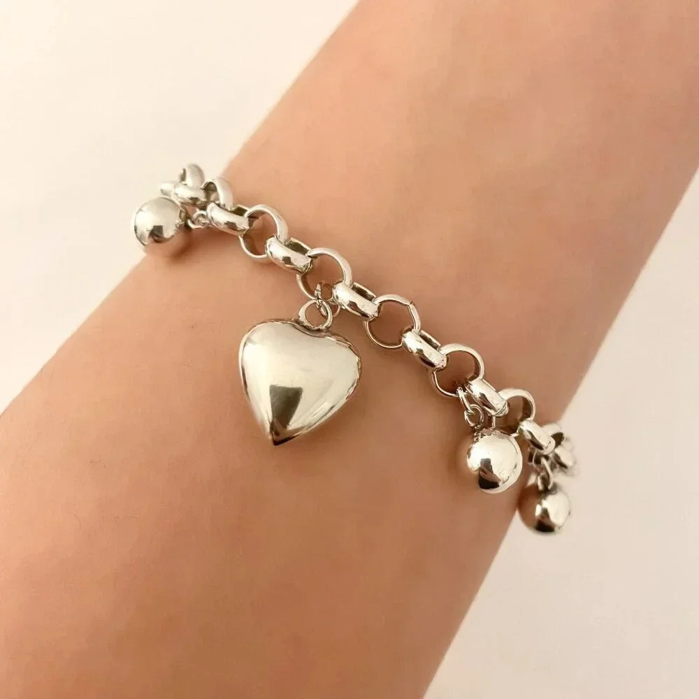 925 Sterling Silver Chunky Bead Ball Bracelet Silver Modern Heart Bracelet